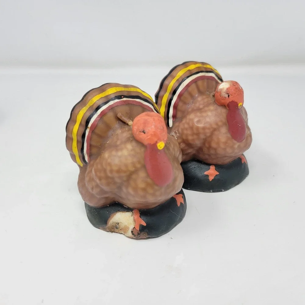 Vintage‎ Thanksgiving Pilgrim Man Woman and Turkey Figural Candle Set of 4